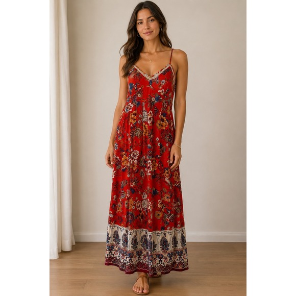 Patrons of Peace Dresses & Skirts - Patrons of Peace Red Floral Boho Maxi Dress Crochet Trim Smocked Back Medium